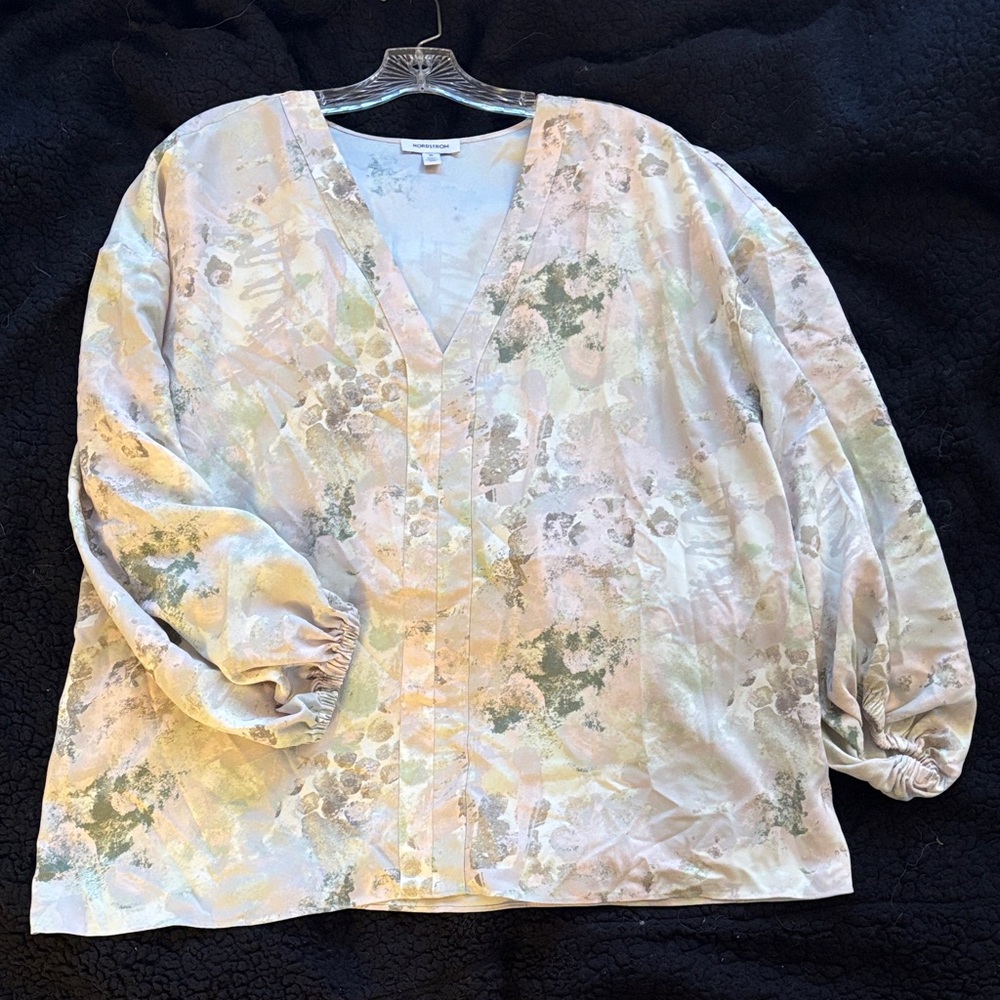Nordstrom Cream and Green Floral Blouse